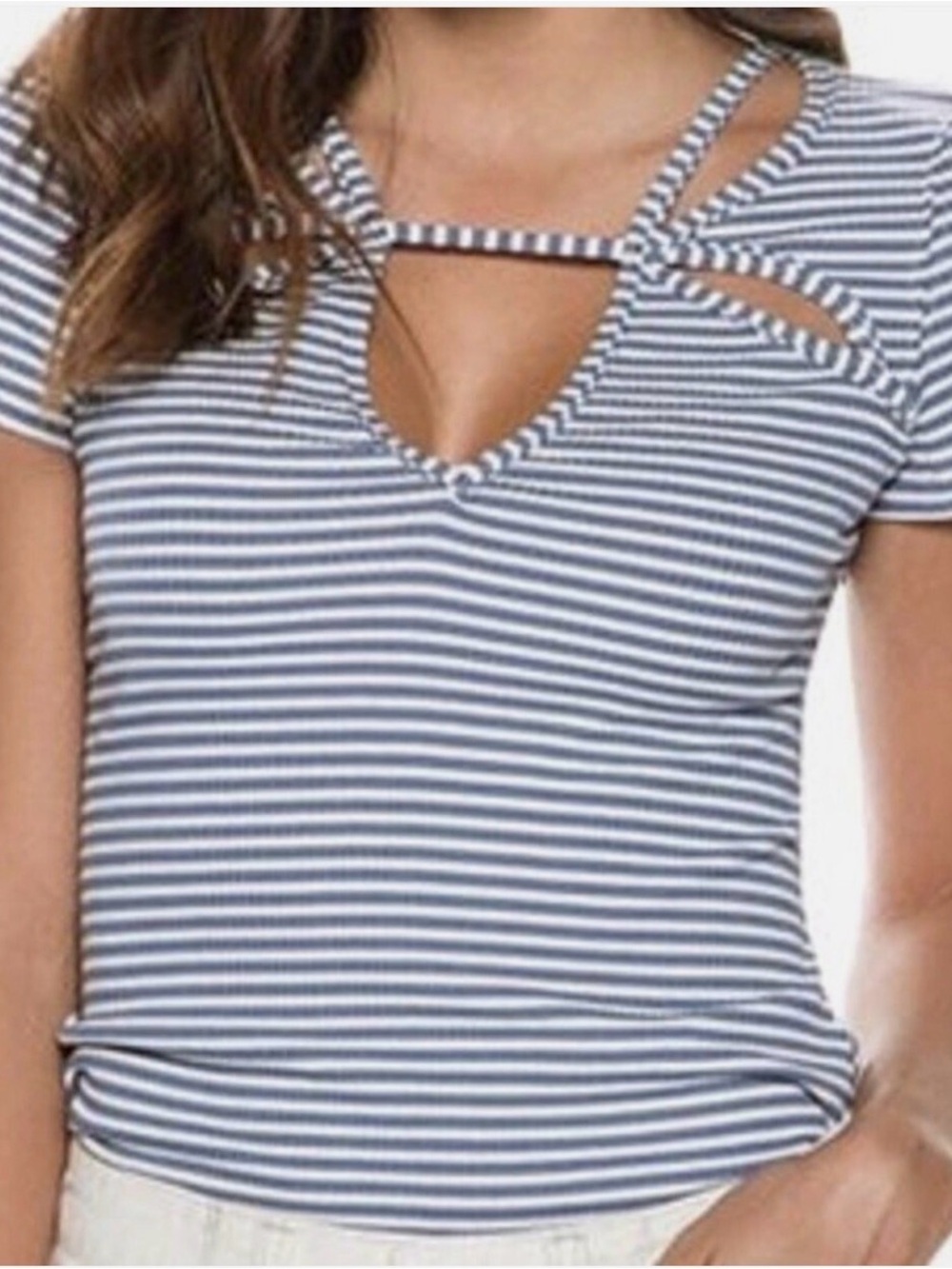 Free People Striped Short Sleeve Cut Out Tee